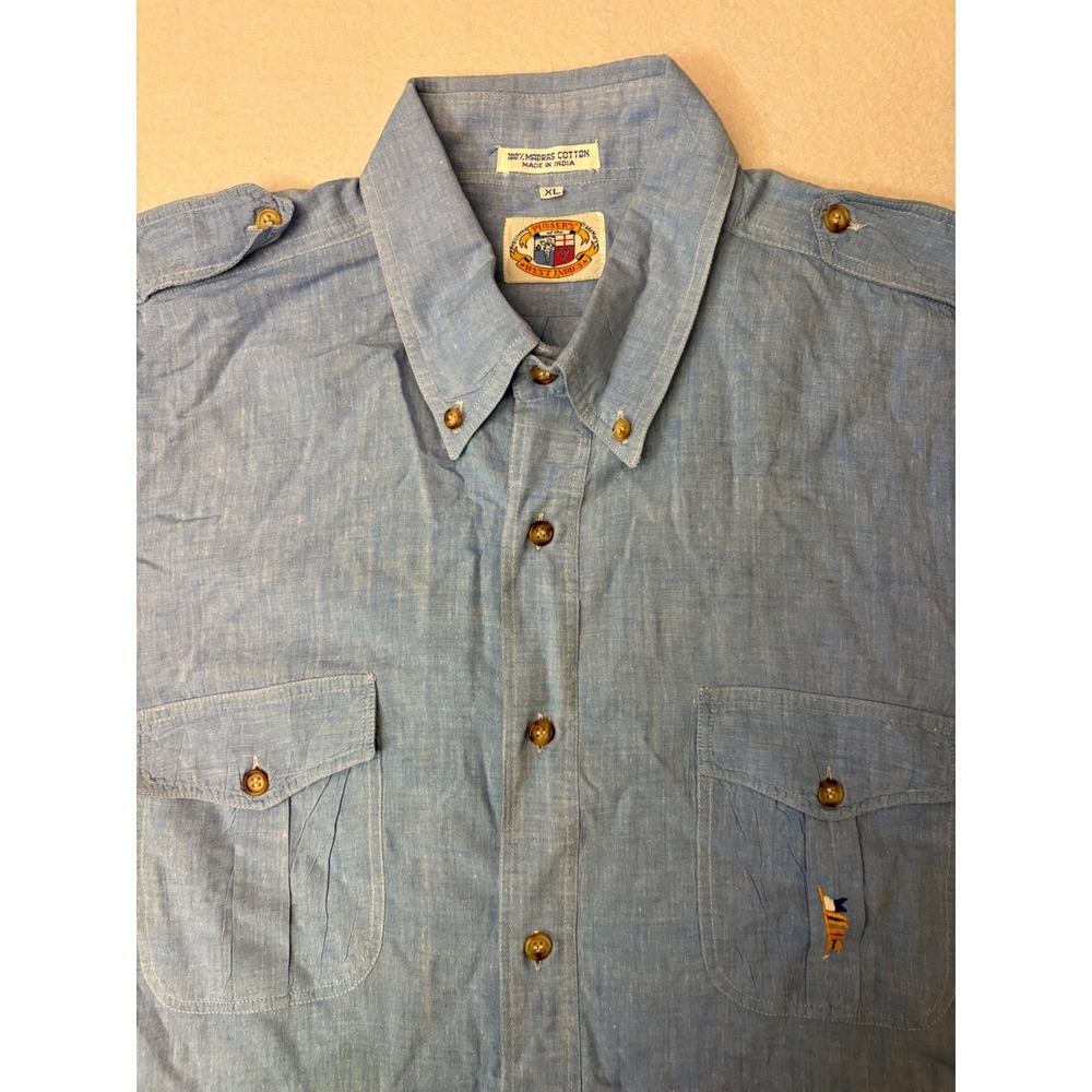 Pussers of the West Indies Mens XL Blue Madras Cotton Safari Shirt Epaulets